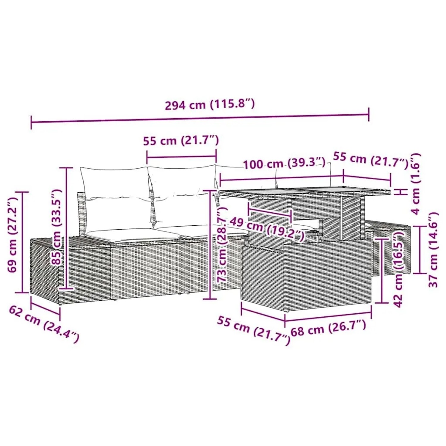 Beige-cremefarbene 5-teilige Garten Essgruppe aus Polyrattan mit Tisch und Sofas mit Kissen.
