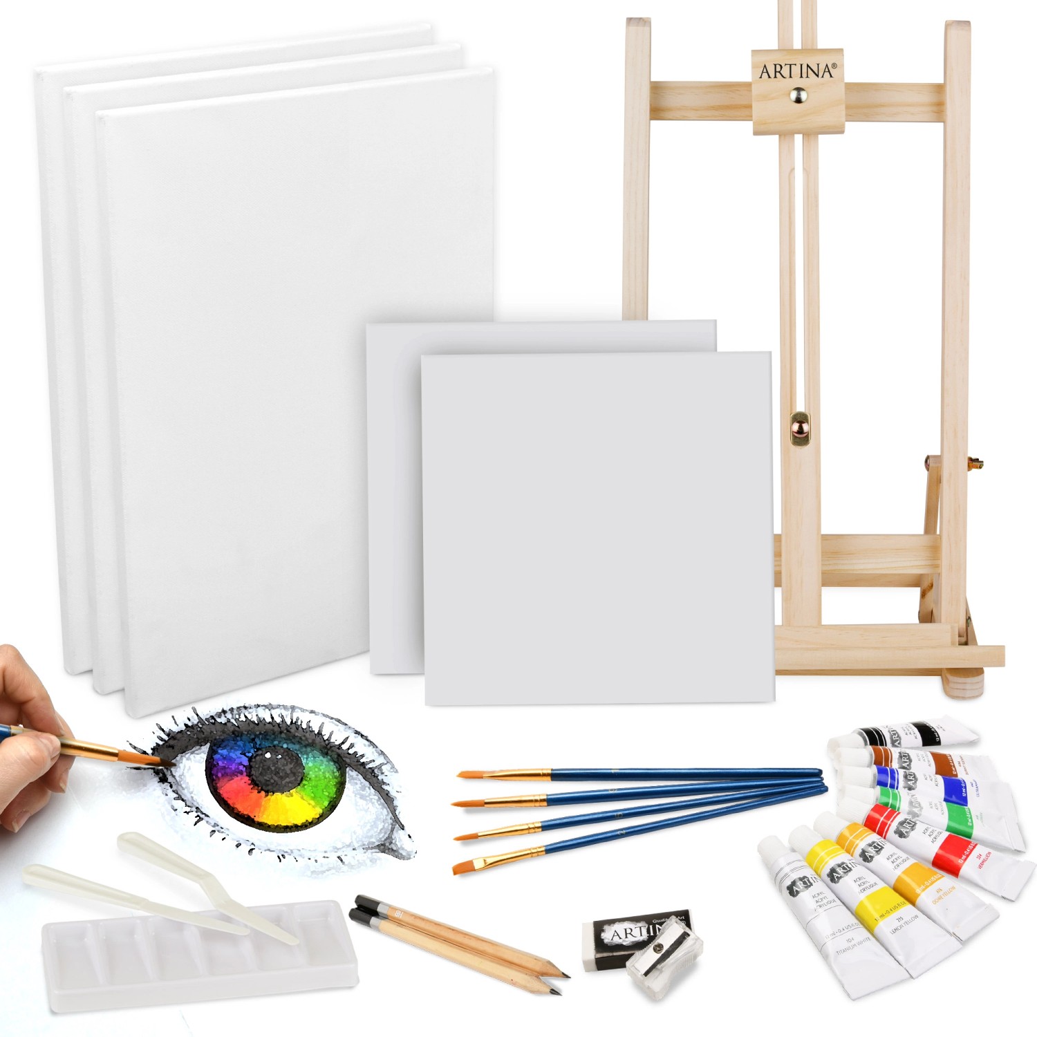 Artina Lisbon Malset mit Staffelei, Farben, Leinwänden und Pinseln für Acrylmalerei.