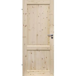 Radex Landhaus Zimmertür aus Kiefernholz, links angeschlagen, mit Drückergarnitur.
