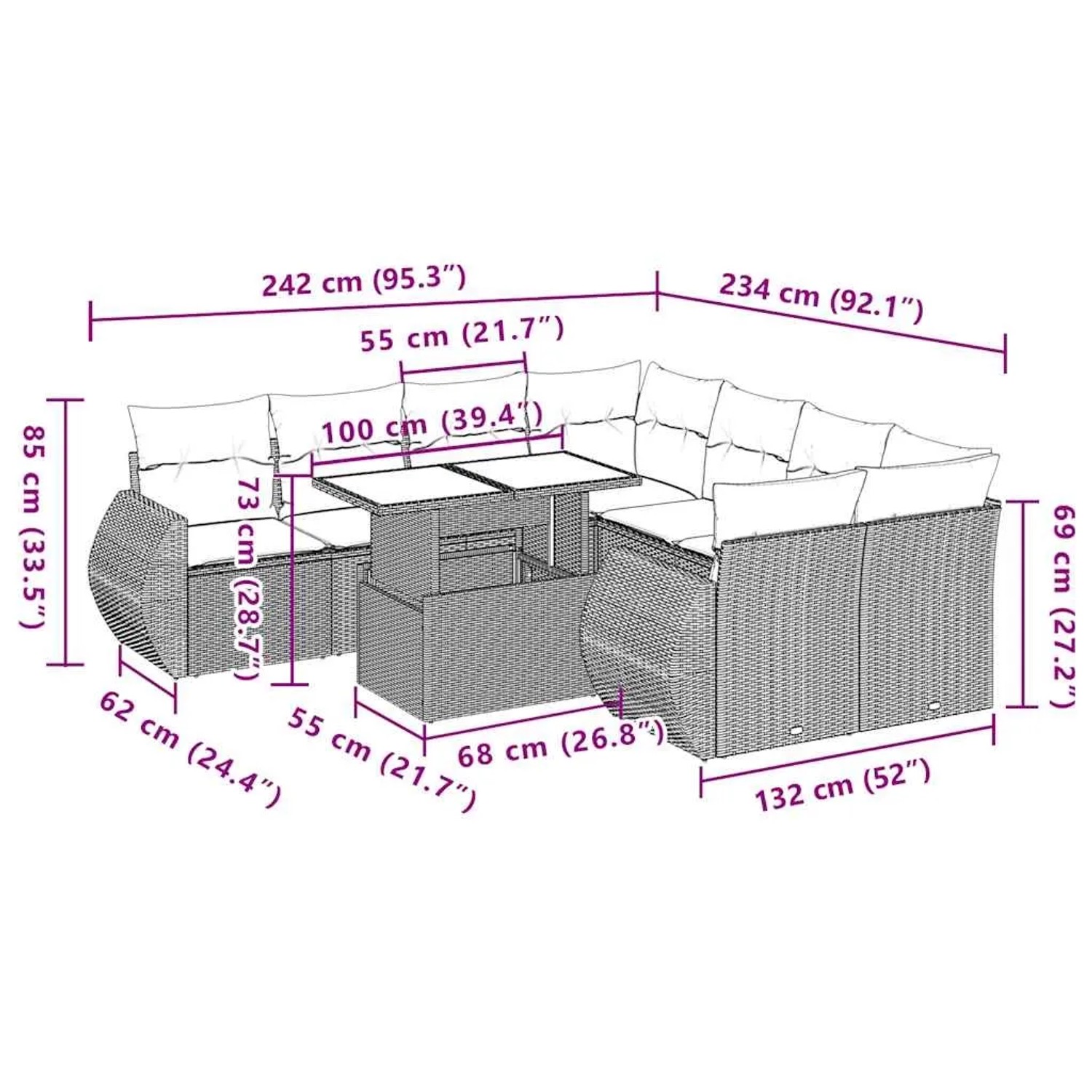 Beige 9-teilige Garten Sofagarnitur aus Polyrattan mit Tisch und Kissen.