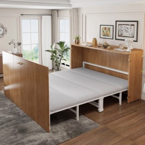 Merax Klappbett 140x200 cm, weißes Metallgestell mit Leinenmatratze, aus Holzschrank ausgeklappt. Platzsparendes Schrankbett.