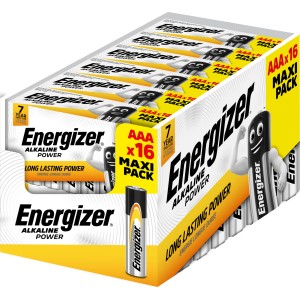 Energizer Alkaline Power AAA Batterien, 16er Pack in gelber Verpackung.