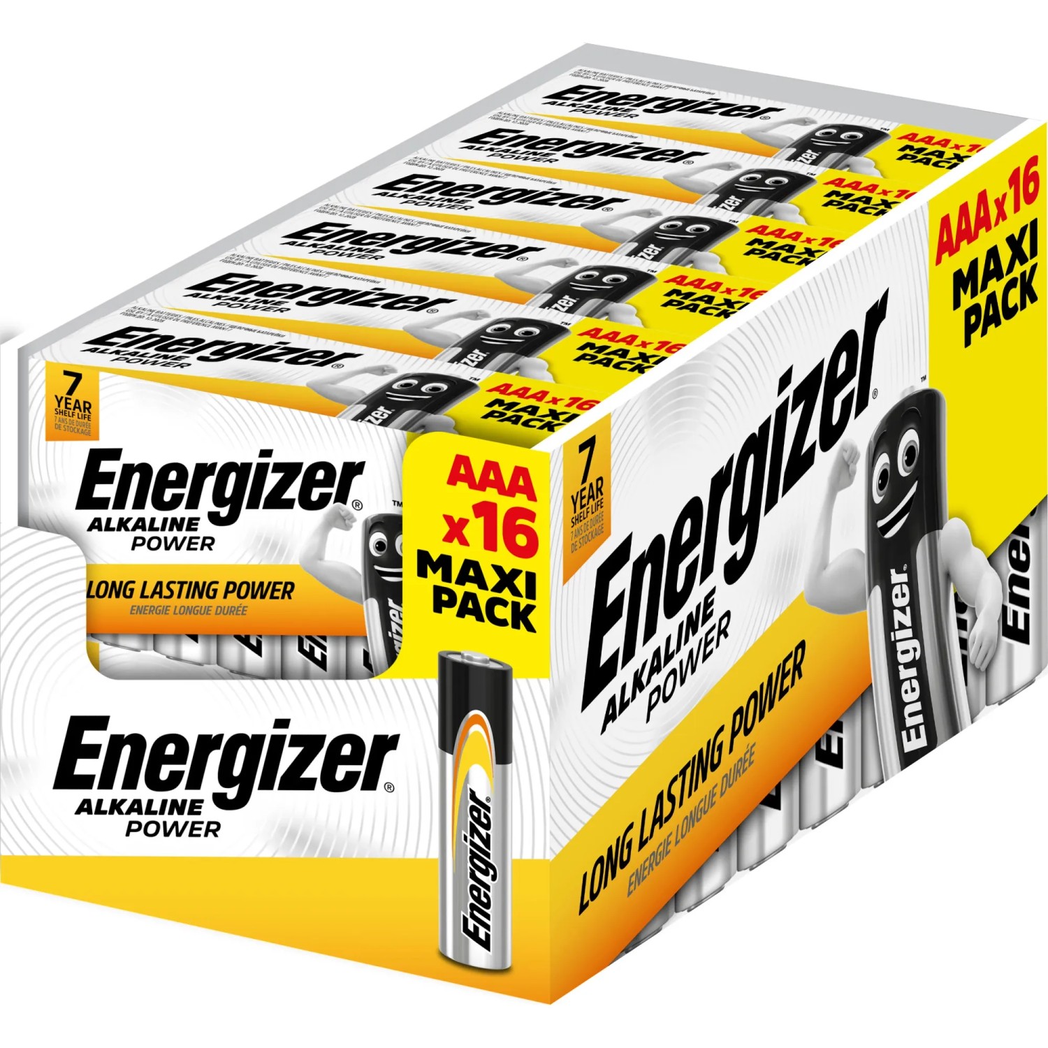 Energizer Alkaline Power AAA Batterien, 16er Pack in gelber Verpackung.