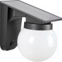 Schwarze Solar-LED-Wandleuchte mit Kugel-Lampenschirm für den Außenbereich.
