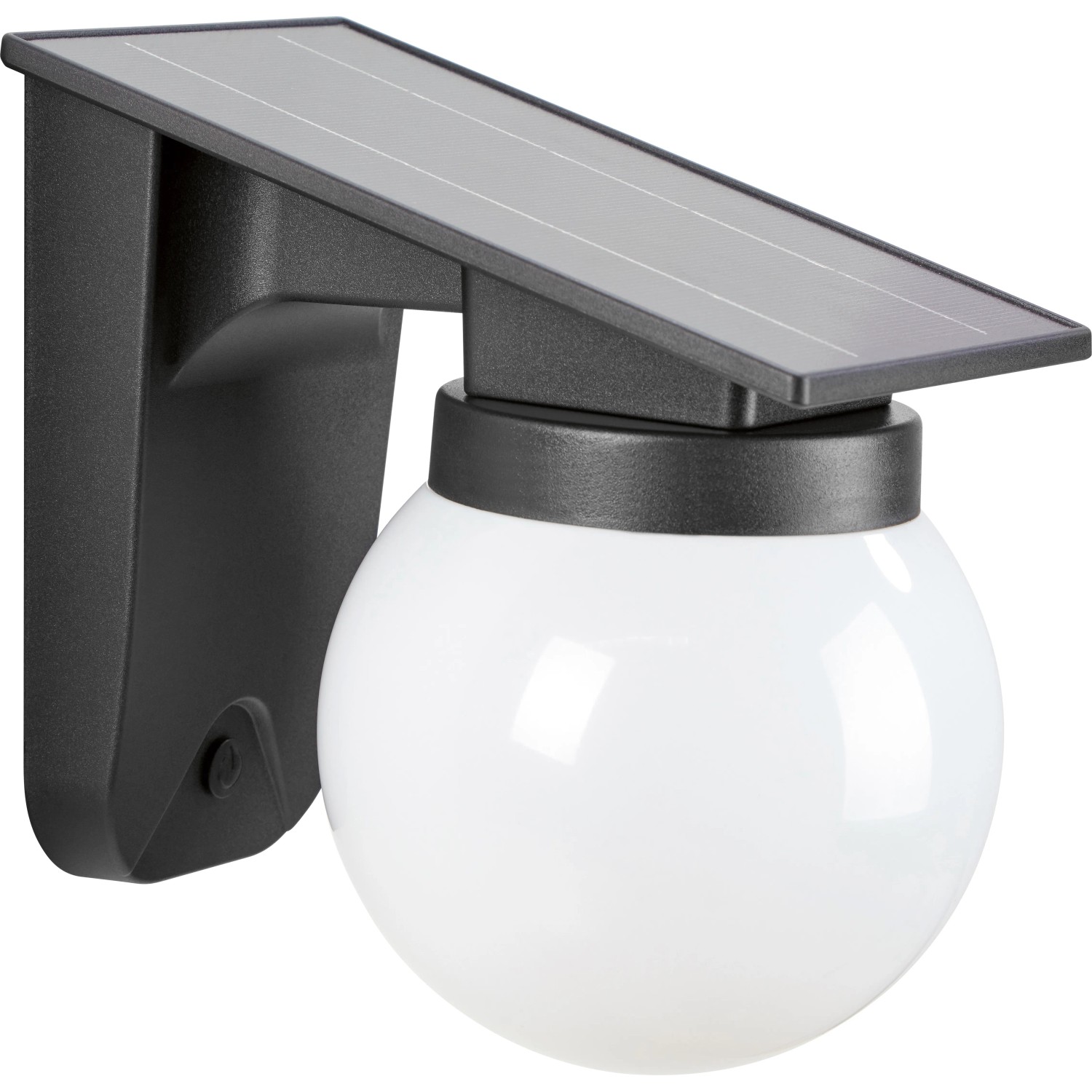 Schwarze Solar-LED-Wandleuchte mit Kugel-Lampenschirm für den Außenbereich.
