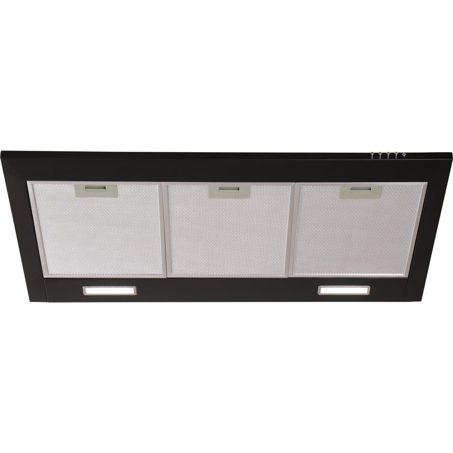 Respekta Kaminhaube Karena 90 cm, schwarz, mit LED-Beleuchtung und drei Metall-Fettfiltern.