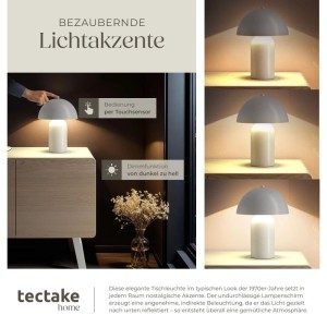 Weiße Retro Akku Tischlampe im Pilzdesign mit Touchsensor und 3 Helligkeitsstufen für indirektes Licht.