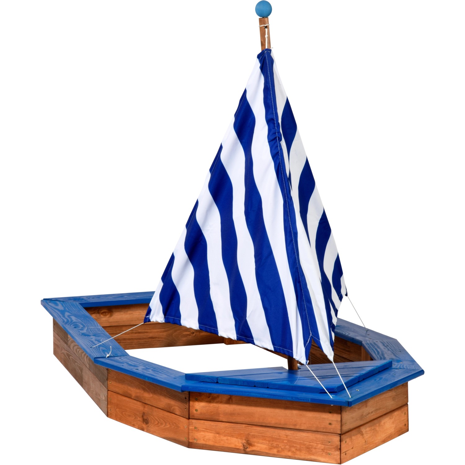 Dunkelbrauner Sandkasten im Schiff-Design mit blau-weißem Segel und blauen Akzenten.