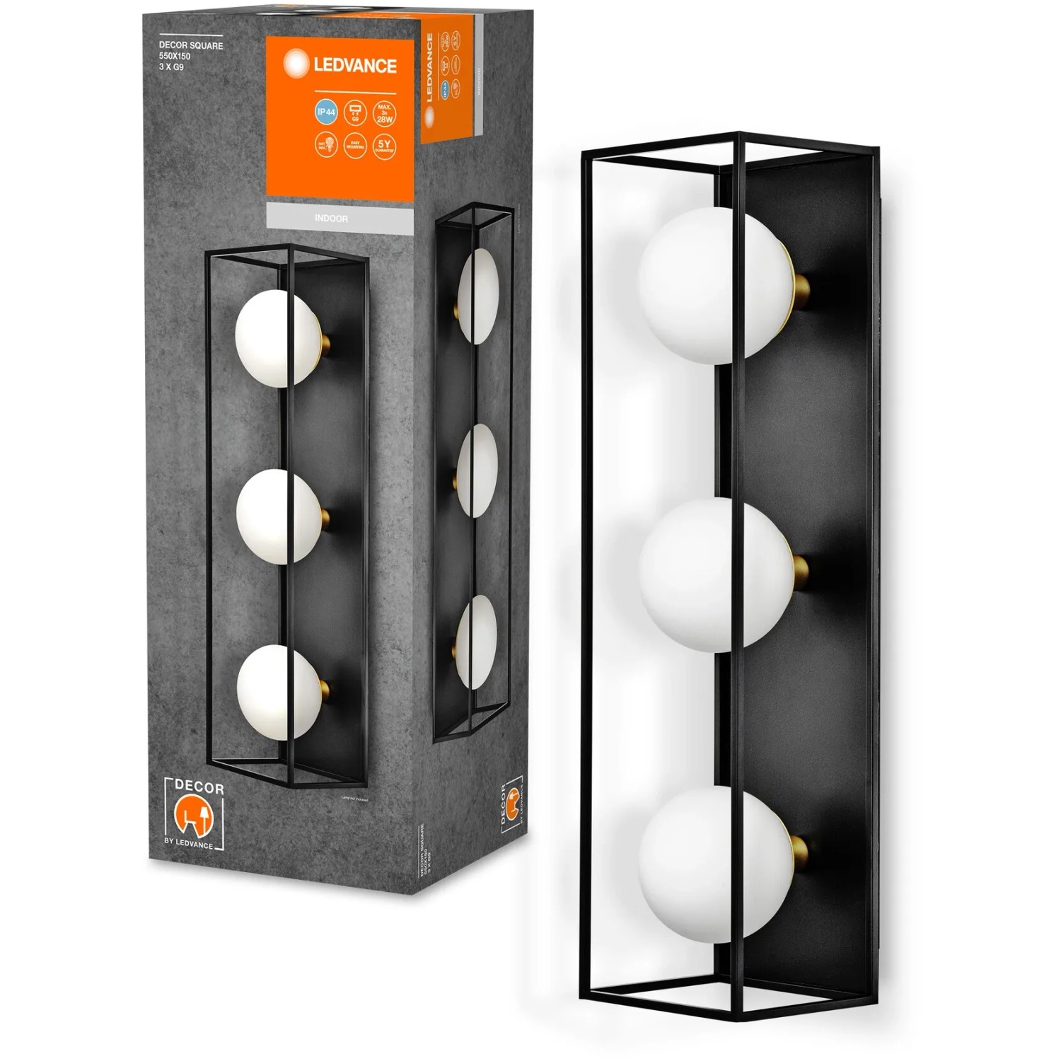 Ledvance Bad-Wandleuchte Decor Square, 3-flammig, schwarz, mit drei runden, weißen Lampen.