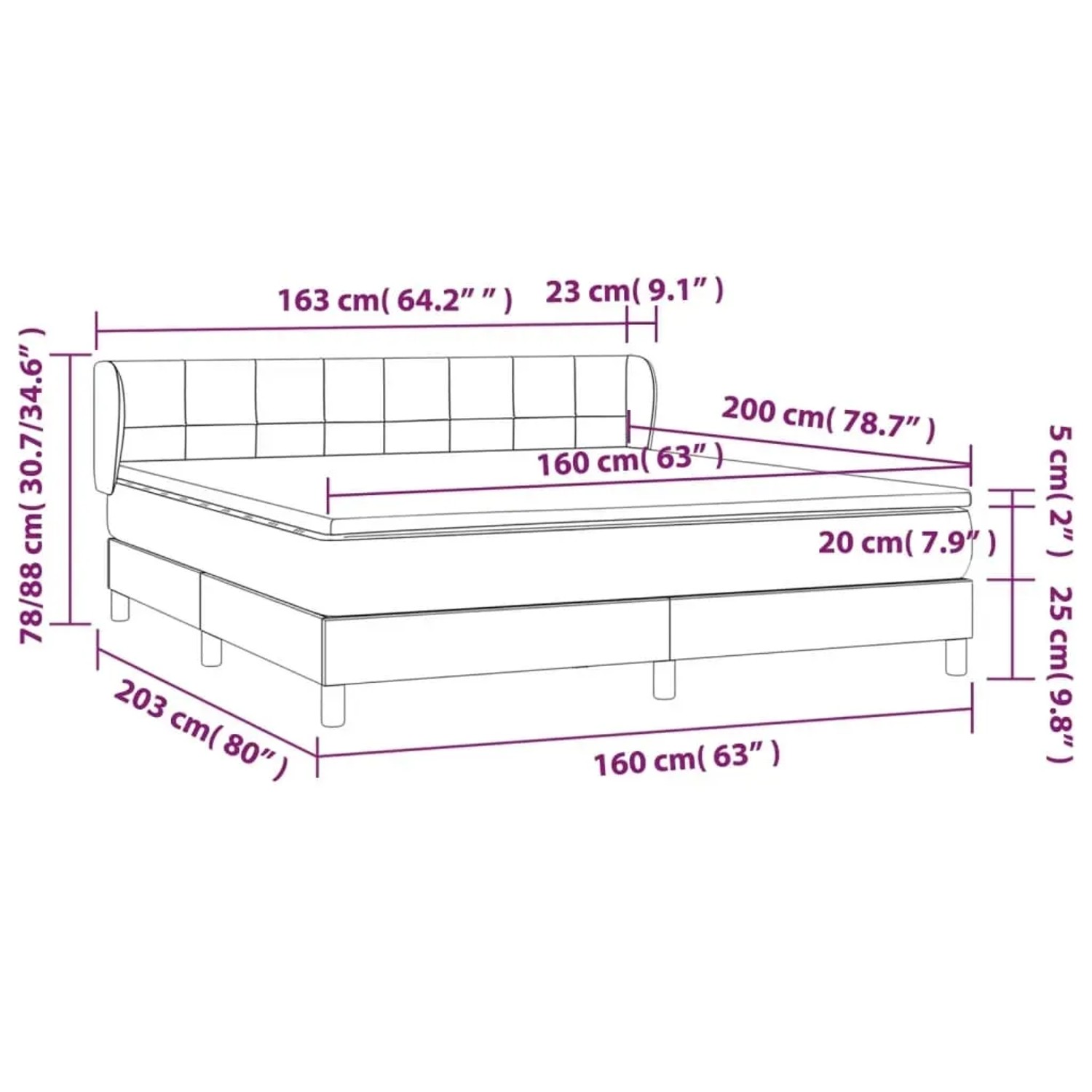 vidaXL Boxspringbett dunkelgrau (160x200 cm) mit Matratze und Maßangaben.