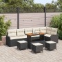 vidaXL Garten-Sofa-Set, 10-teilig, schwarz, Poly Rattan mit Tisch und Hockern.