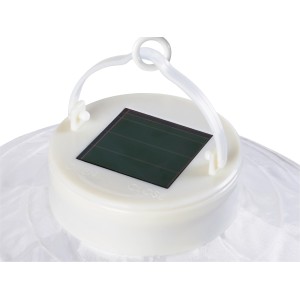Detailaufnahme: Weißer LED-Solar-Lampion Pantanelle mit Solarpanel und Aufhängung.