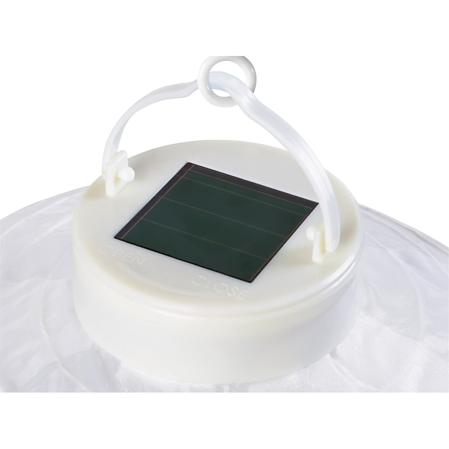 Detailaufnahme: Weißer LED-Solar-Lampion Pantanelle mit Solarpanel und Aufhängung.