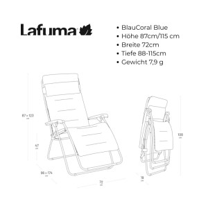 Lafuma Relax Liegestuhl RSX Clip XL, taupe-braun. Diagramm zeigt den Gartenstuhl aufgeklappt und zusammengeklappt mit Maßen.