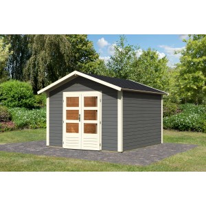 Karibu Holz-Gartenhaus Tessin 2, terragrau, mit Doppeltür und Satteldach.