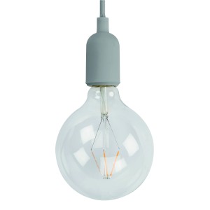 Hellgraues Lampen-Textilkabel mit Fassung und LED-Leuchtmittel für DIY-Lampen.