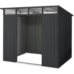 Pergart Gerätehaus Lübeck 89 in Anthrazit matt, offene Tür. Metall Gerätehaus.