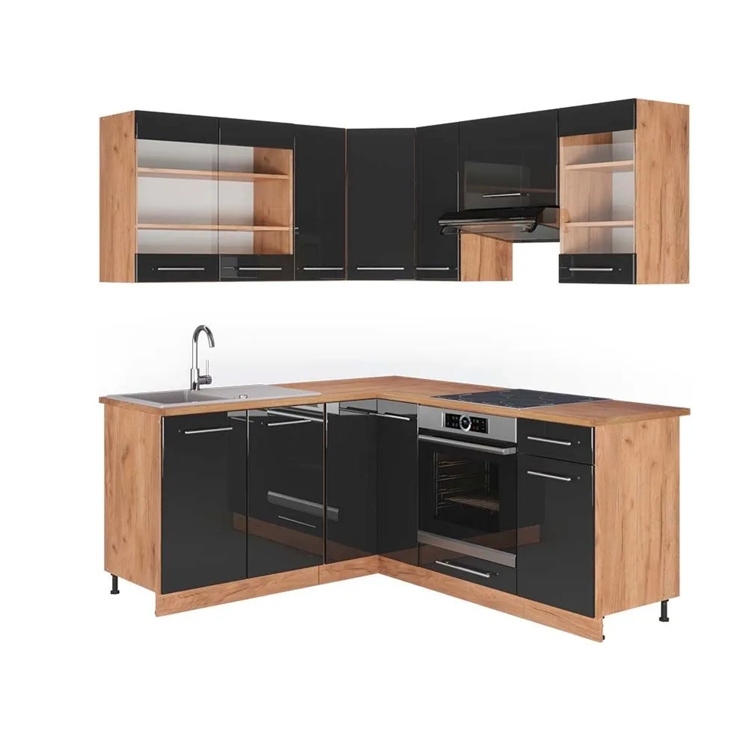 Vicco Eckküche Fame-Line Anthrazit Hochglanz/Goldkraft Eiche 190 x 82, AP Eiche