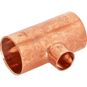 Löt-Reduzier-T-Stück aus Kupfer, 28 mm x 15 mm x 28 mm für Kupferleitungen.
