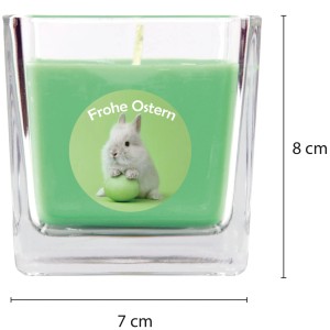 Grüne Duftkerze im Glas mit Osterhase und Ei, quadratisch, 50h Brenndauer.