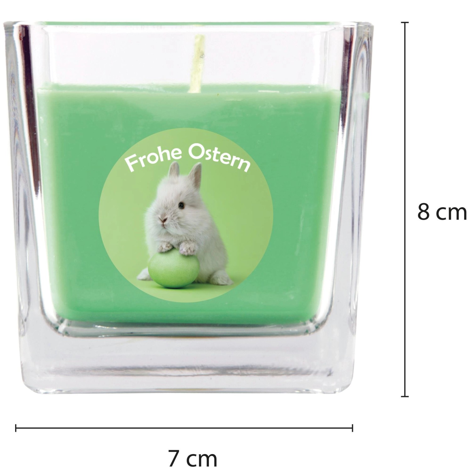 Grüne Duftkerze im Glas mit Osterhase und Ei, quadratisch, 50h Brenndauer.
