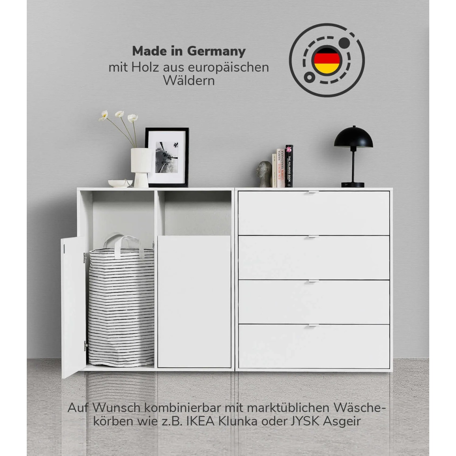mokebo Wäscheschrank in Weiß mit zwei Fächern und einer offenen Tür. Badregal zur Wäsche Sortierung.