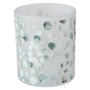 Boltze Windlicht Eukana Klein, Ø 7cm, mit Eukalyptus-Blätter Dekor in Grün- und Weißtönen.