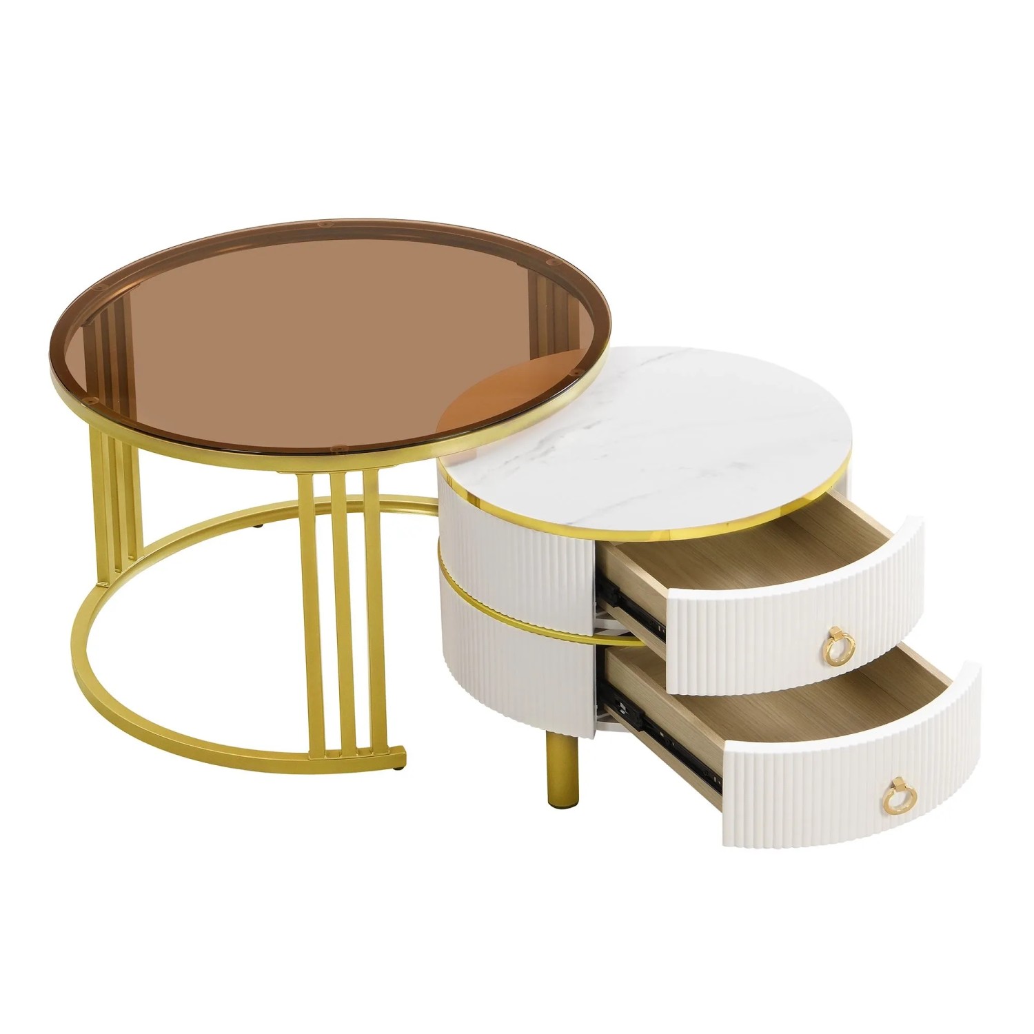okwish Couchtisch Beistelltisch mit 2 Schubladen 70 × 70 cm Weiß/Braun