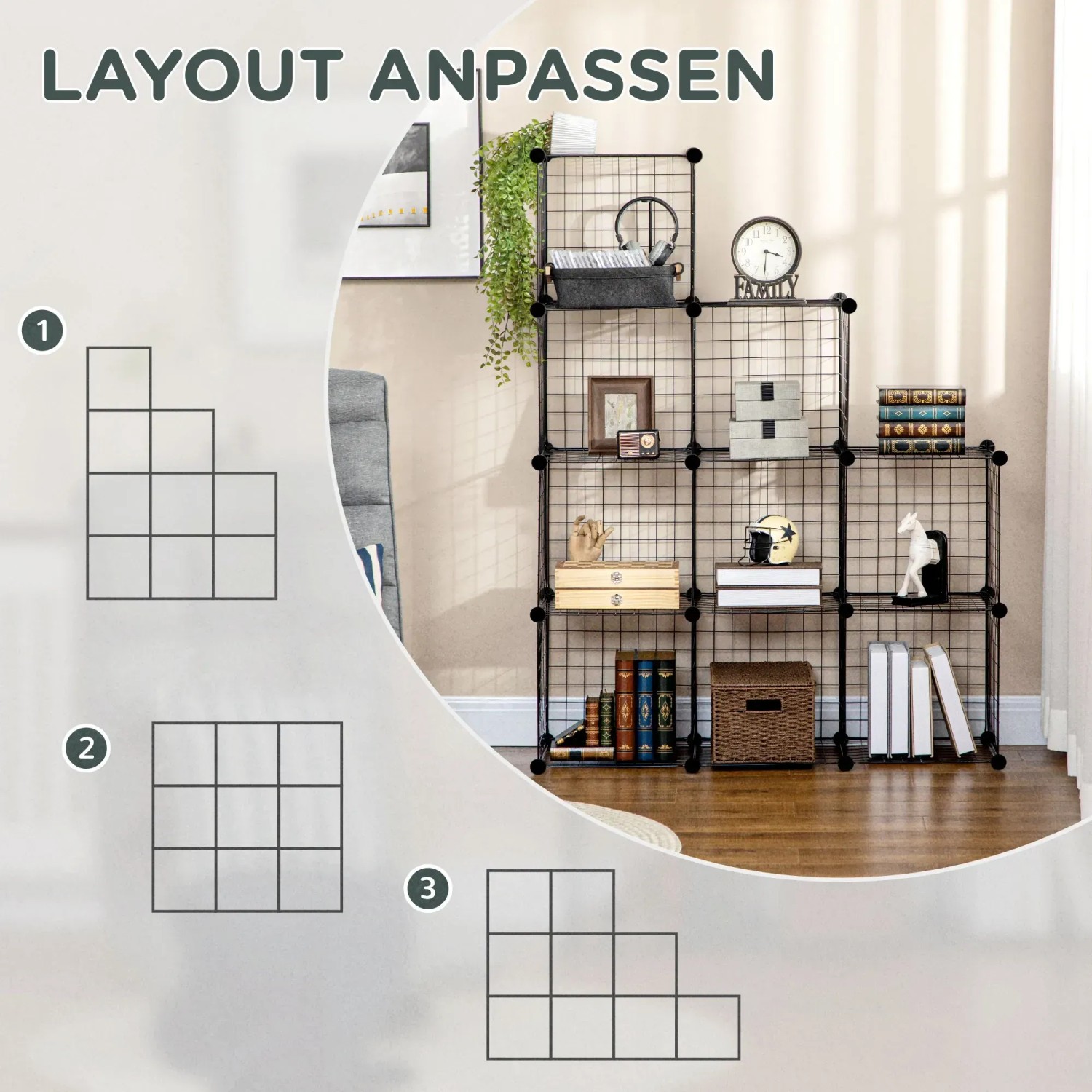 Schwarzes HOMCOM Regalsystem aus Stahldraht mit 9 Fächern und Layout-Optionen.
