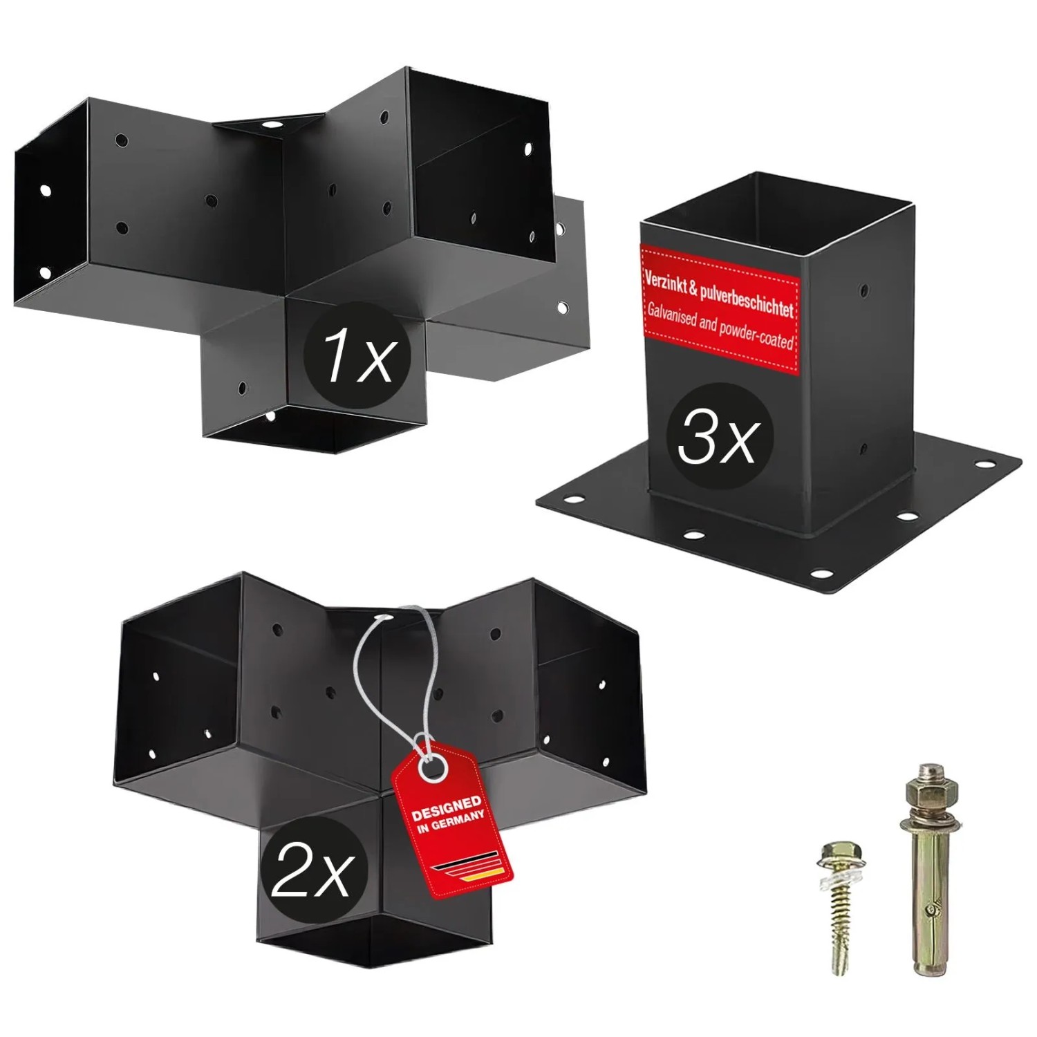 SOTECH Anbau Set 6-teilig 2x Eckverbinder 1x Mittelverbinder 3x Bodenhülse Vierkant 90 x 90 mm Stahl Verzinkt Schwarz Pu...