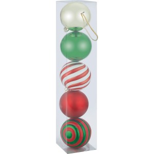 5er Set Kunststoff Weihnachtskugeln in Gold, Grün, Rot, teils gestreift, in transparenter Verpackung.