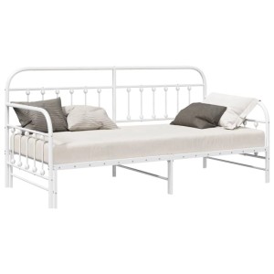 Weißer vidaXL Tagesbettrahmen aus Stahl mit dekorativem Kopfteil und Lattenrost, 90x200 cm. Modernes Design.