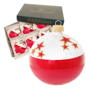Weihnachtskugeln 6er-Set von Krebs Glas Lauscha, rot-weiß mit Sternen, 8cm.