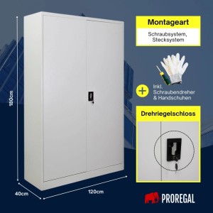 PROREGAL Flügeltürenschrank ELEPHANT Mit 2 Türen Abschließbar HxBxT 180x120x40cm 4 Ebenen Stahl Pulverbeschichtet Lichtgrau Spind Aktenschrank