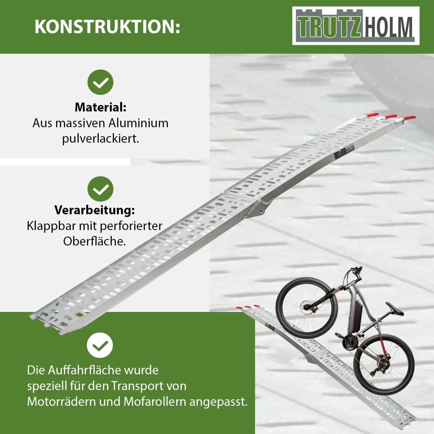 TRUTZHOLM Auffahrrampe, klappbar, grau, Aluminium, für Motorrad- und Rollertransport.