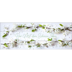 Glasbild Lieblingsplatz, 125x50 cm, mit Blütenzweigen und Schriftzug auf Holz.