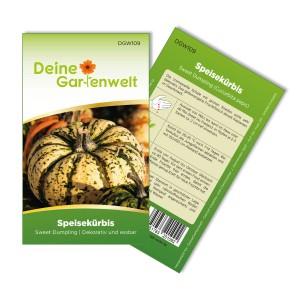 Samenpackung 'Deine Gartenwelt Kürbis Sweet Dumpling': Cremeweißer Kürbis mit grünen Streifen.