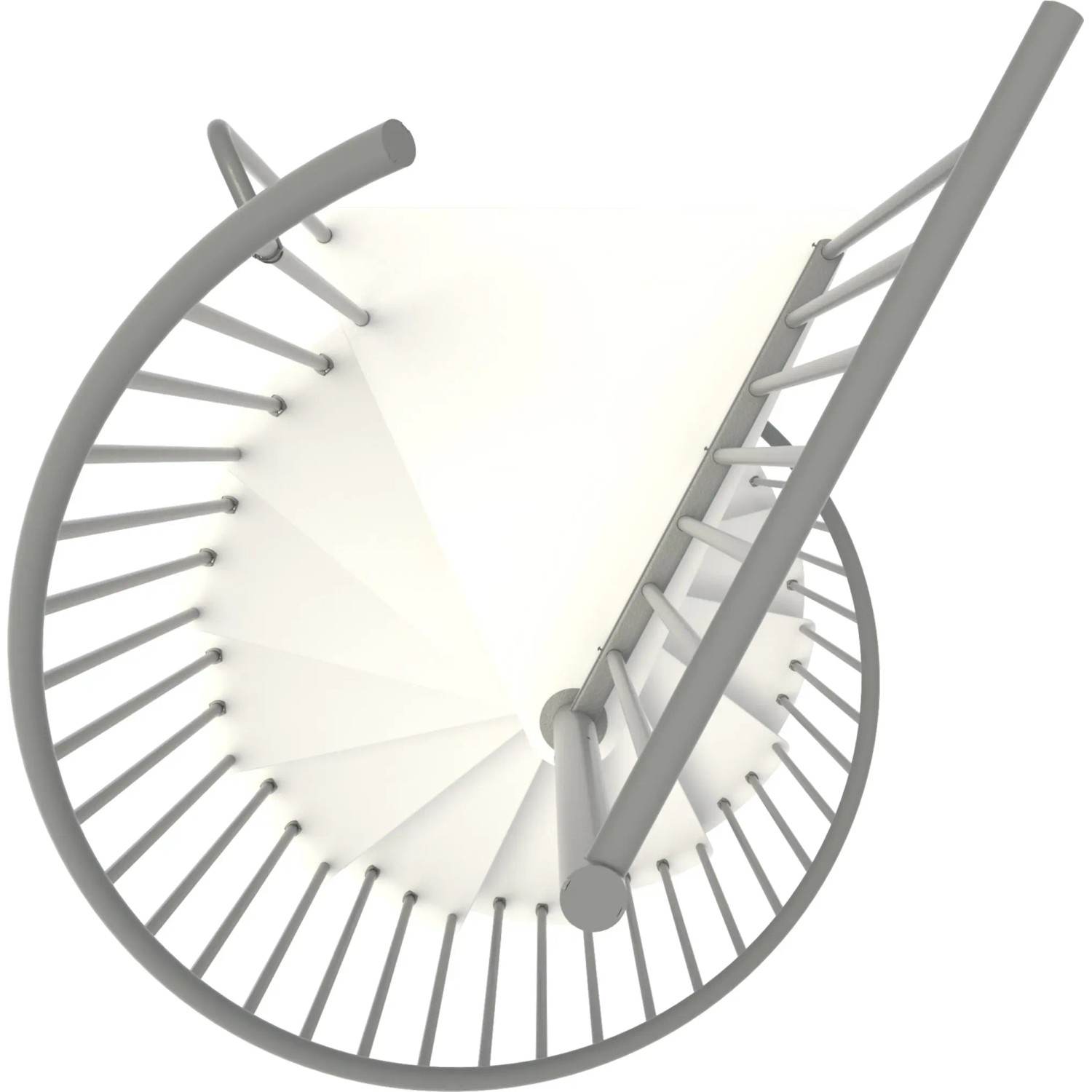 Minka Spindeltreppe Spiral Smart, Ø160cm, weiß/grau. Innentreppe mit Holzstufen und Metallgeländer.