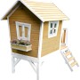 Axi Robin Spielhaus aus Holz, braun-weiß mit blauer Rutsche, Leiter und Veranda.