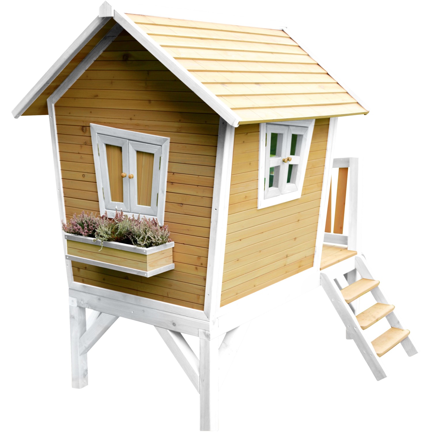 Axi Robin Spielhaus aus Holz, braun-weiß mit blauer Rutsche, Leiter und Veranda.