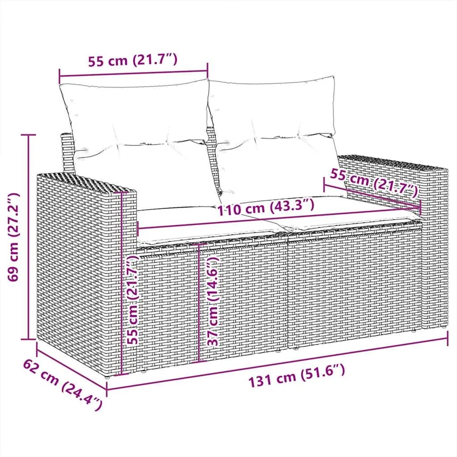 Beige 8-tlg. vidaXL Garten-Sofagarnitur aus Polyrattan mit Kissen, Maße siehe Bild.