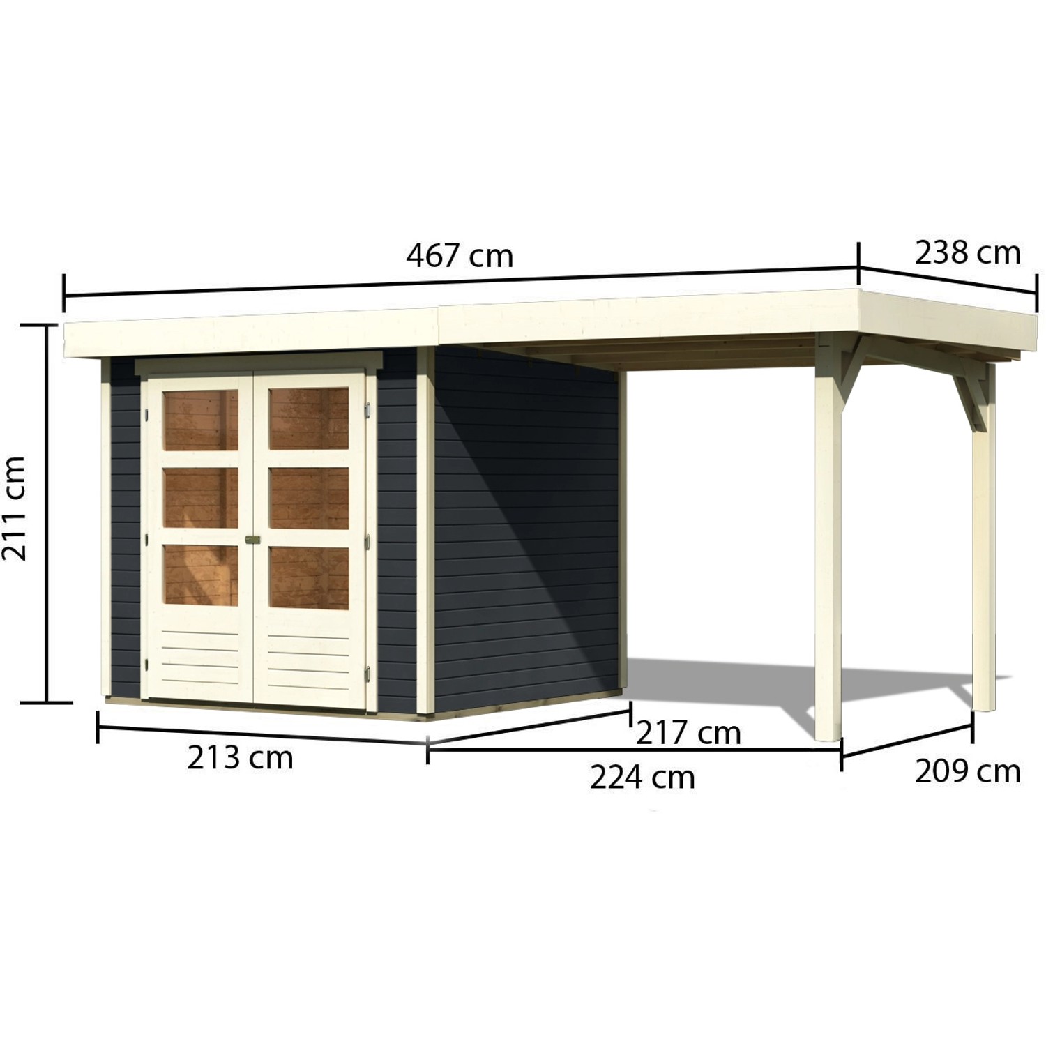 Karibu Gartenhaus/Gerätehaus Boras 2 Anthrazit 433 cm x 217 cm mit Anbaudach