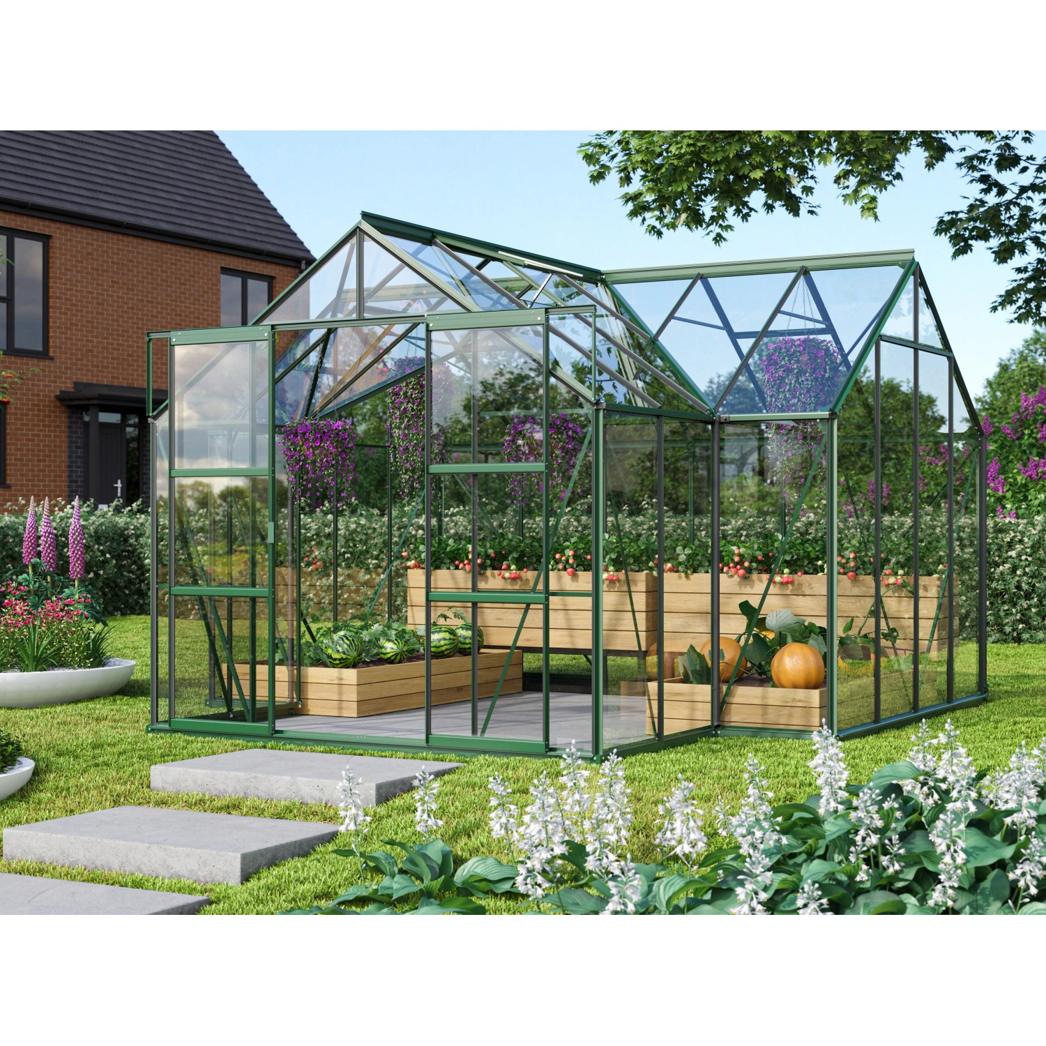 Vitavia Gewächshaus Sirius Smaragd mit Fundament, 13 m², mit Pflanzen und Gemüse im Garten.