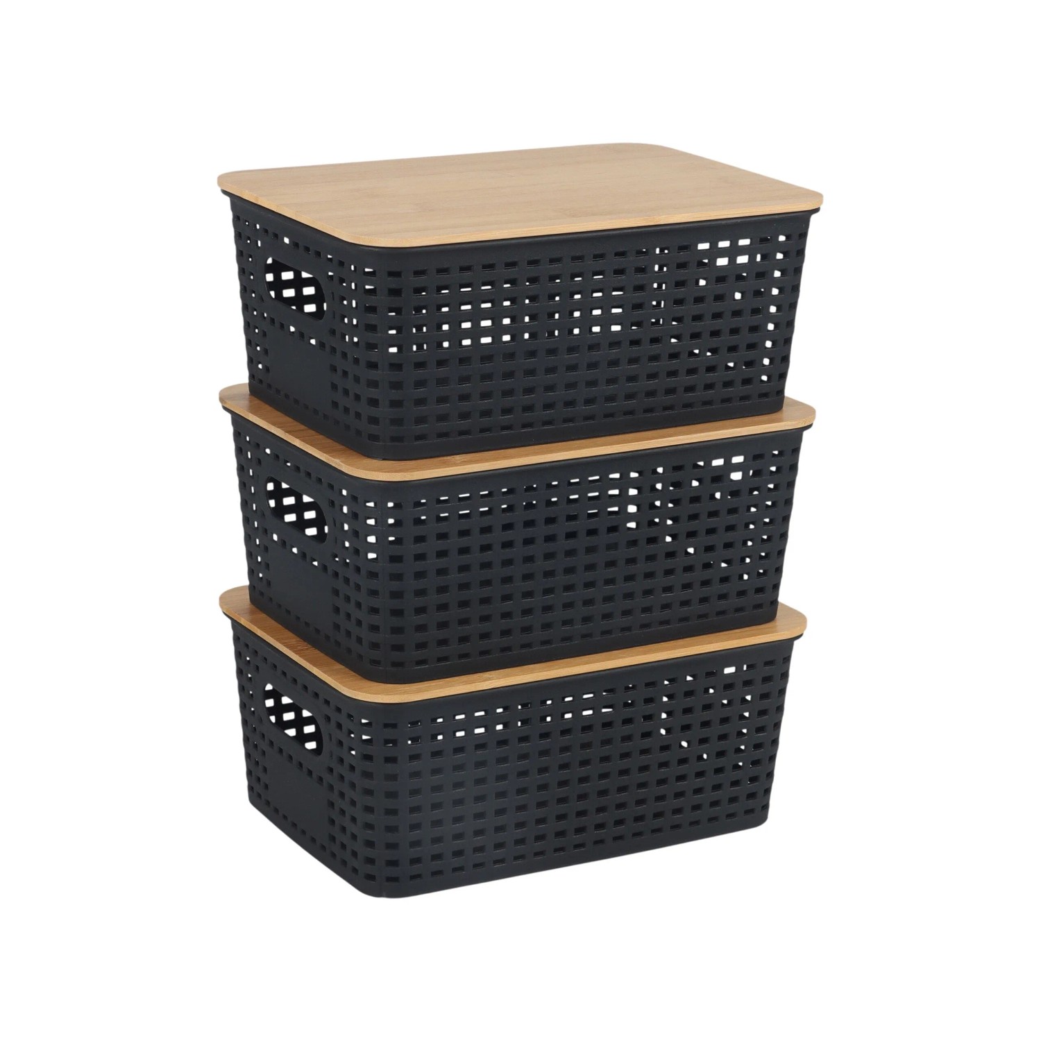 Relaxdays Aufbewahrungsbox Kunststoff Bambus Schwarz 3er-Pack mit Bambusdeckel 10,5 cm x 25,5 cm x 18 cm