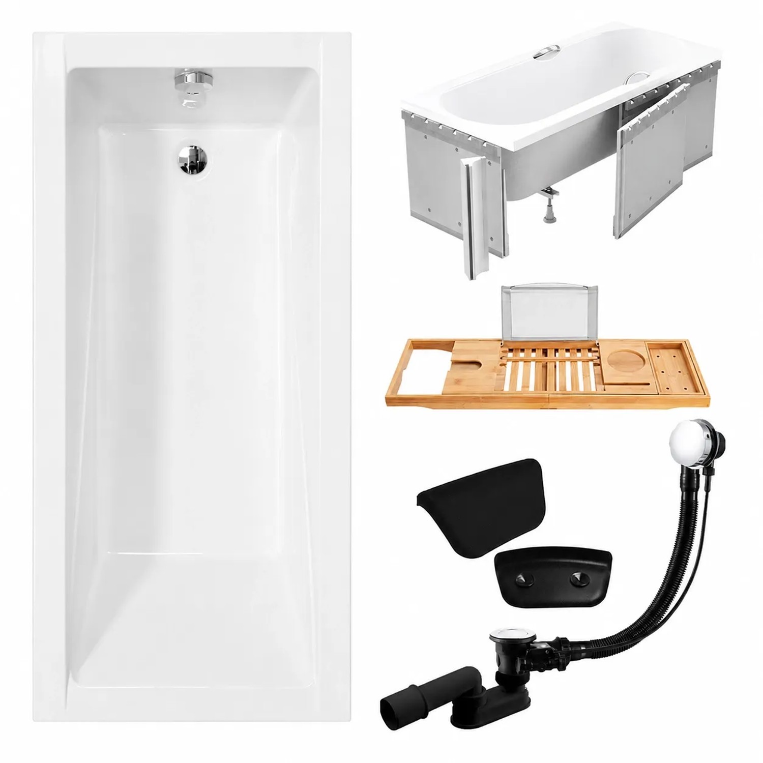 KOLMAN Badewanne Rechteck 150 x 70 Cm Mit Styroporverkleidung Mit Bambus Badewannenablage Mit Kopfstütze KODI Inkl. Ablauf Und Füße