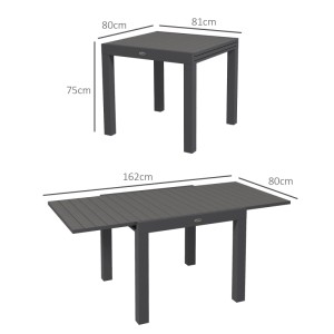 Grauer ausziehbarer Outsunny Aluminium Gartentisch, kompakt und erweitert gezeigt, 81-162x80x75cm.