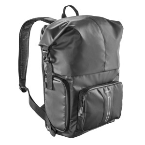 Mantona Kurier Fotorucksack, schwarz, mit Rollverschluss, seitlichem Zugriff und Fronttasche für Kamera & Laptop.