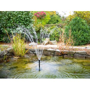 Teichpumpe TPS 1750E im Gartenteich mit Fontäne und Dekoration.