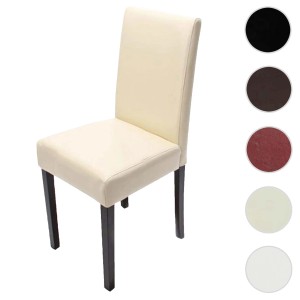 Creme-farbener MCW Esszimmerstuhl Littau mit dunklen Beinen und Lederbezug.