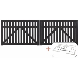Schwarzes Doppeltor Country aus Nadelholz, 300x98cm, mit Beschlägen für den Garten.